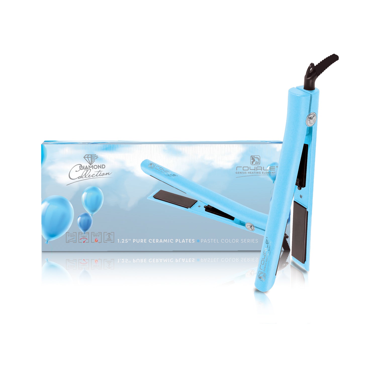 Diamond Collection Royale 1.25” Pure Ceramic Flat Iron  Hard to Find Pastel Blue Platinum Genius Heating Element Flat Iron - Colors – RoyaleUSA main image 4