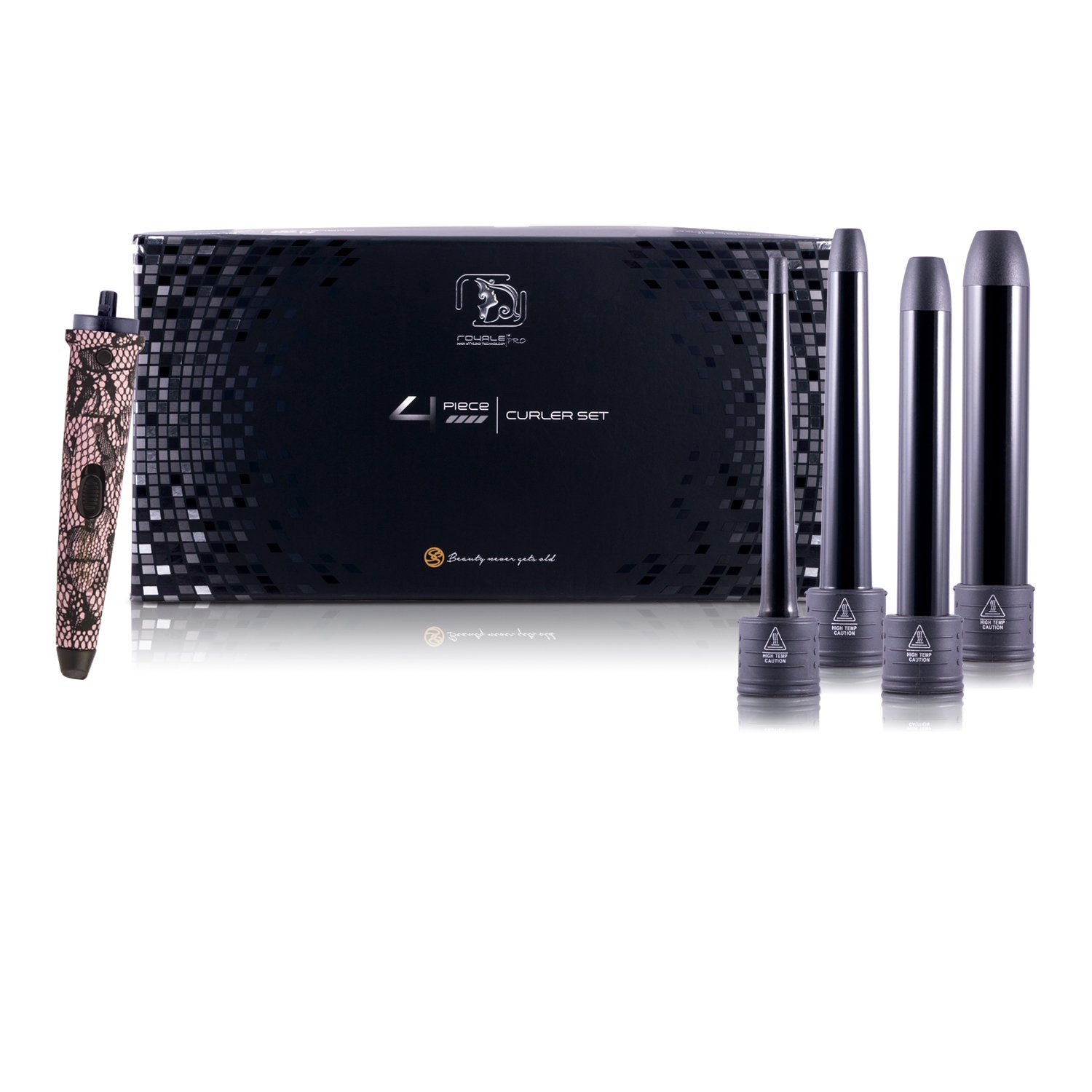 4 Piece Tourmaline Curling Wand Set Pink Lace RoyaleUSA